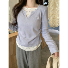 Actual shot of autumn and winter Korean style fresh contrasting floral pleated fake two-piece jacquard cotton long-sleeved T-shirt tops for women