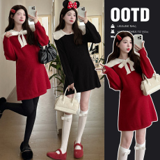 批发实拍孕妇秋装双面穿<b class='q'>连衣裙</b>2025新款秋冬装蝴蝶结拼接领裙子