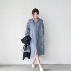 批发春秋新款韩版百搭宽松中长款过膝长袖条纹衬衫裙女两侧有口袋