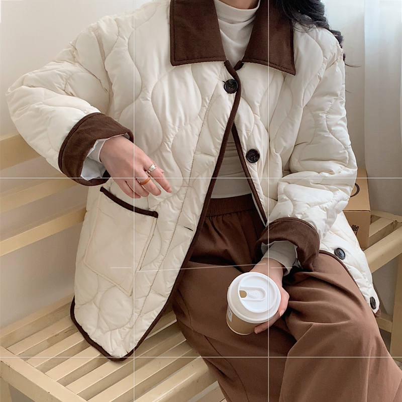 Real shot of corduroy light and thin down cotton jacket for women new style small fragrant rhombus short style cotton jacket