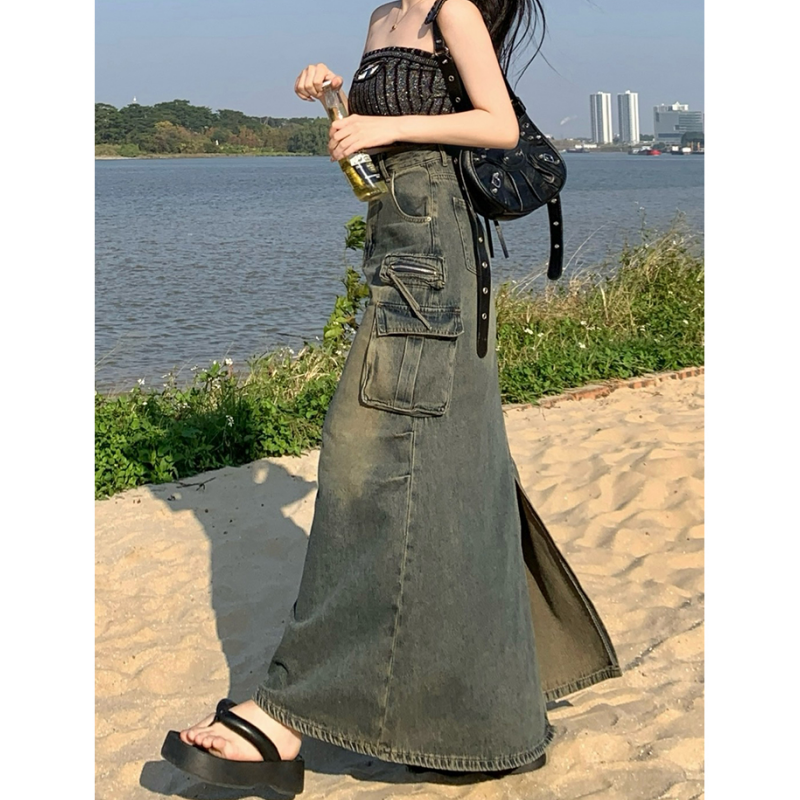 FA29071# 设计感水泥灰高级感美式风潮流大口袋压褶垂感牛仔中长裙女 服裝批發女裝批發服飾貨源