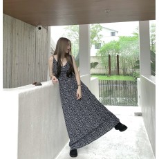 批发大码夏复古加长气质性感修身显瘦V领灰色豹纹吊带<b class='q'>连衣裙</b>长裙开衫