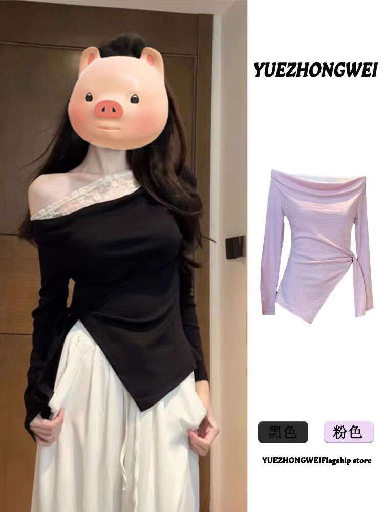PF21813#黑色斜肩蕾丝拼接长袖T恤女新款修身露肩内搭开叉上衣女裝貨源服裝批女裝貨源服裝批發