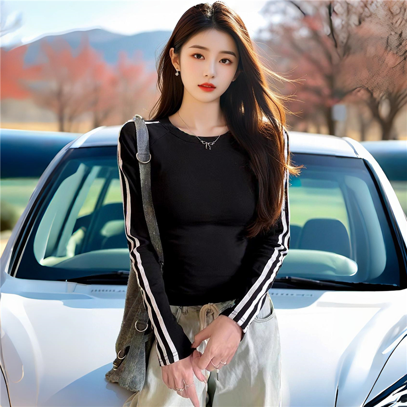 PF21984#撞色条纹插肩长袖t恤女设计感修身显内搭打底衫短款上衣女裝貨源服裝批發