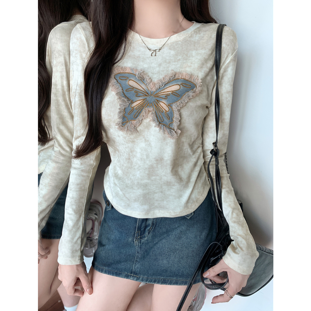 PF21763#40支扎染92棉/8氨纶 2024秋装长袖T恤女牛仔蝴蝶结女裝貨源服裝批女裝貨源服裝批發