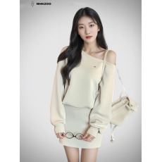 批发休闲慵懒风长袖斜领露肩短裙高级感宽松包臂设计感辣妹卫衣连衣裙