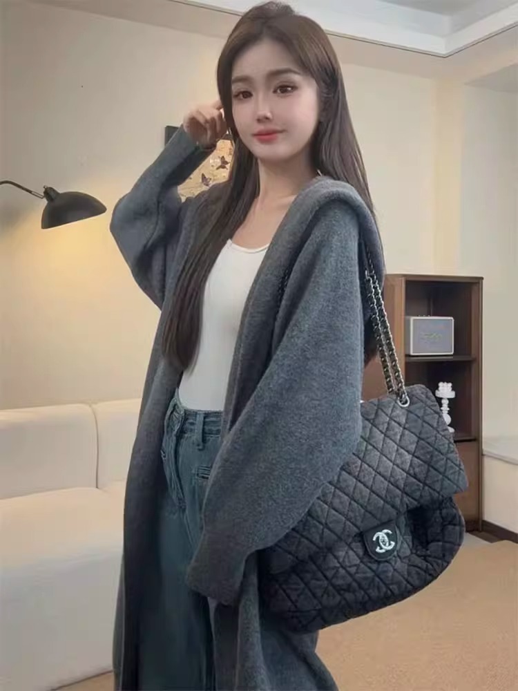 루즈핏 느긋한 바람 벨트 버클 후드 롱 코트 니트 재킷 단색 품격 다용도 가을 겨울 소녀 두꺼운 오픈 가디건 코트