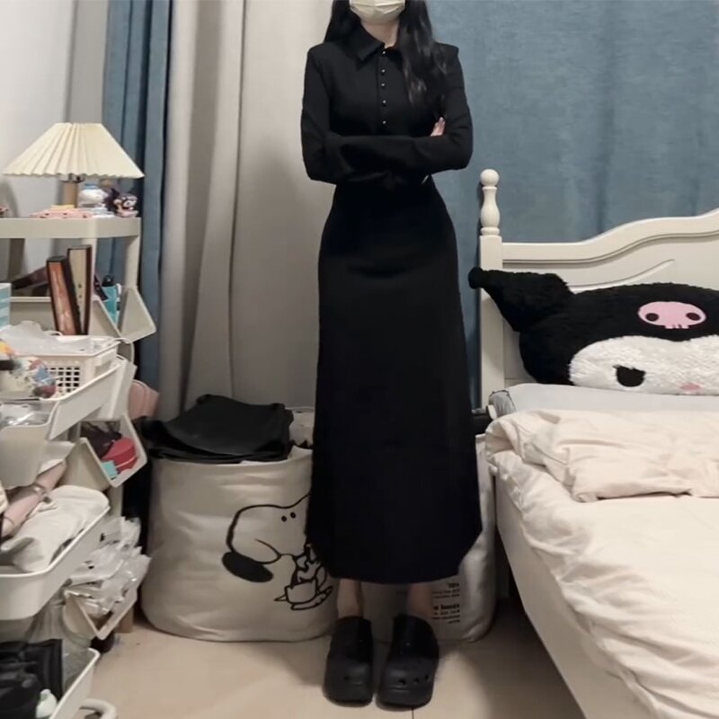 網紅款黑色法式襯衫連衣裙女2024年秋季長袖收腰修身顯瘦長裙