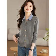 批发<b class='q'>羊绒</b>感针织开衫女2026新款衬衣领拼接高级感气质假两件短毛衫