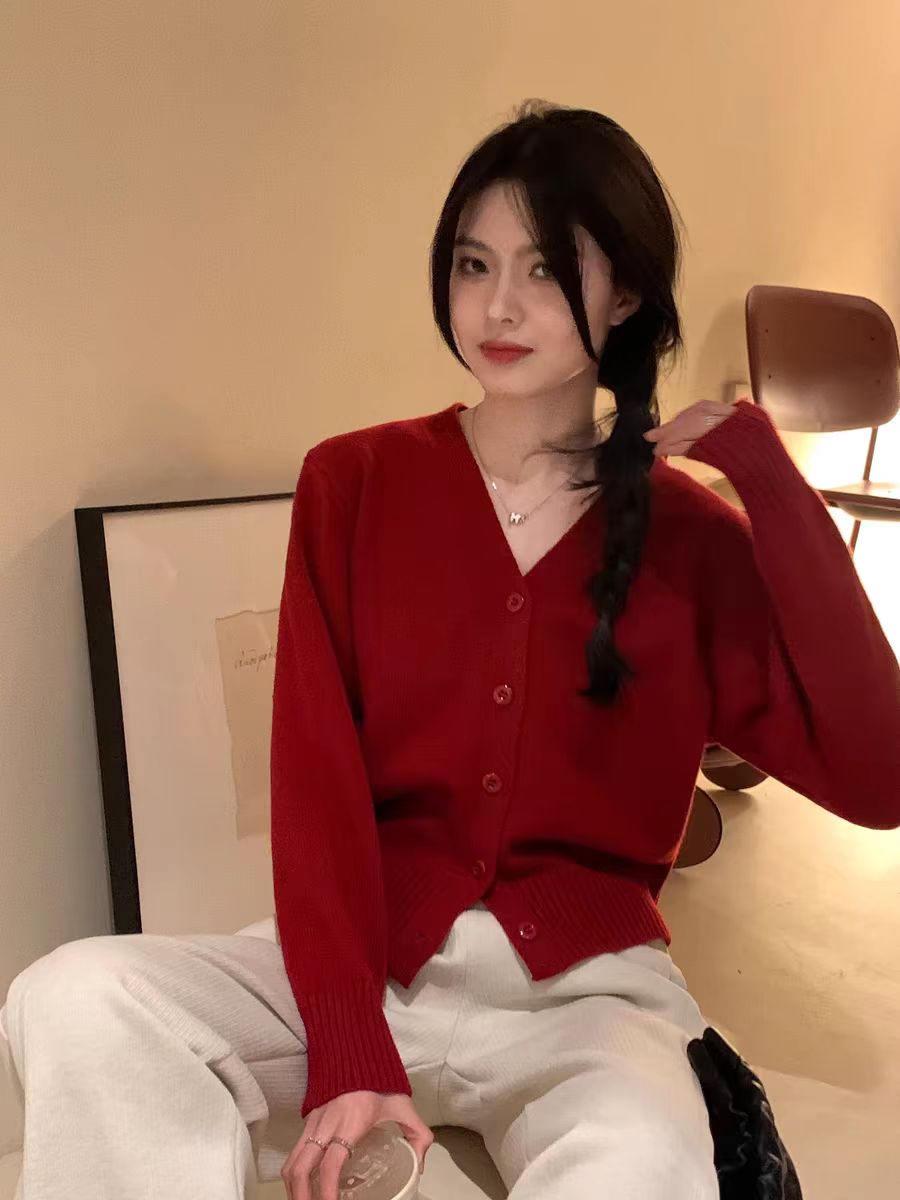 Butterfly knot short sleeve women's open jacket autumn 2024 new loose red V-neck knitted sweater