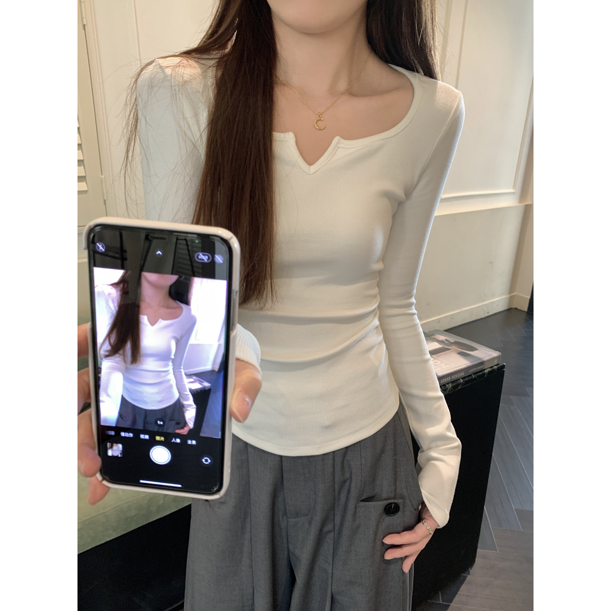 Real shot of autumn and winter Korean style half-open square collar pleated slimming solid color versatile long-sleeved bottoming T-shirt top