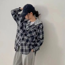 批发韩版春季撞色连帽oversize长袖复古格子衬衫原宿风长袖外套女衬衣