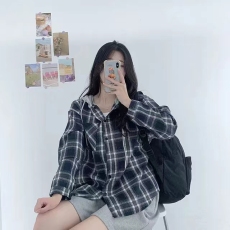 批发韩版春季oversize<b class='q'>长袖</b>连帽撞色复古格子衬衫宽松原宿风<b class='q'>长袖</b>外套女