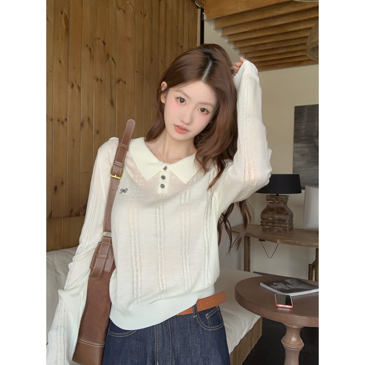 Real shot of autumn and winter Korean style loose age-reducing twist doll collar button 6 wool knitted long-sleeved inner top