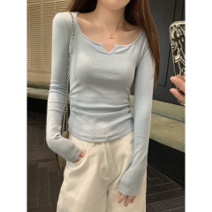Actual shot of autumn and winter Korean style slimming temperament half-cut square collar pleated slimming versatile long-sleeved bottoming T-shirt top