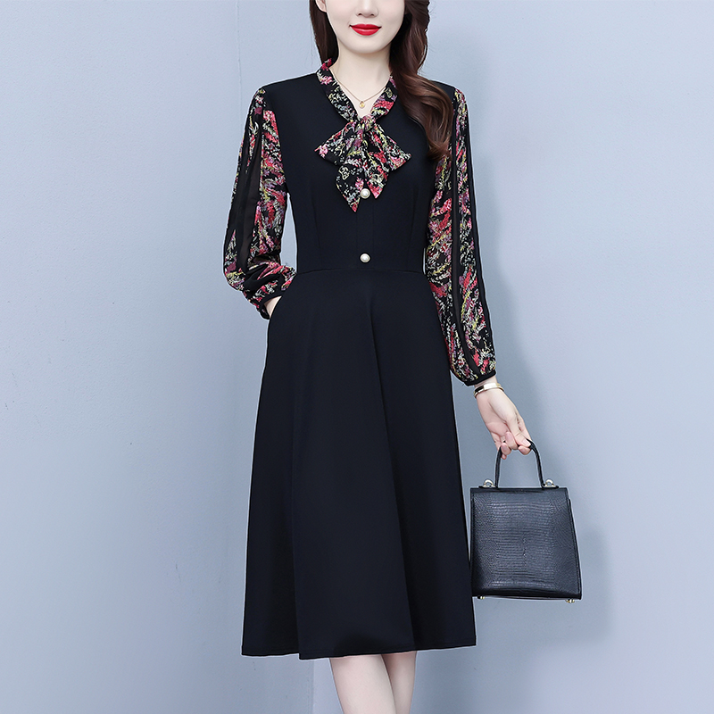 PF21757#新款黑色拼接假两件连衣裙气质显瘦减龄遮肚子长裙子女裝貨源服裝批女裝貨源服裝批發