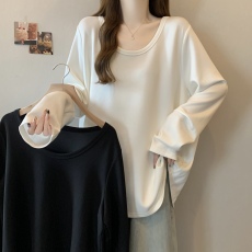 批发实拍~胖MM大码大版纯色长袖T恤宽松显瘦打底上衣