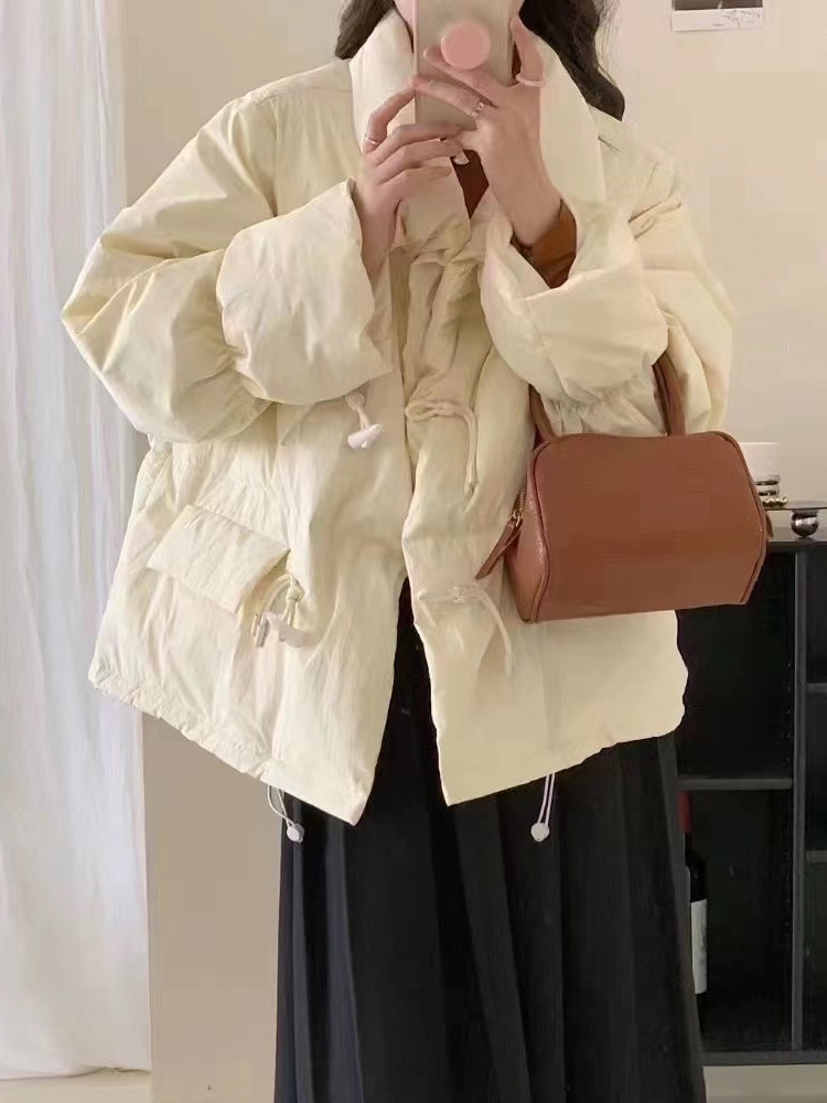 韩系羽绒棉服女短款2024年新款韩版宽松牛角扣棉衣面包服外套