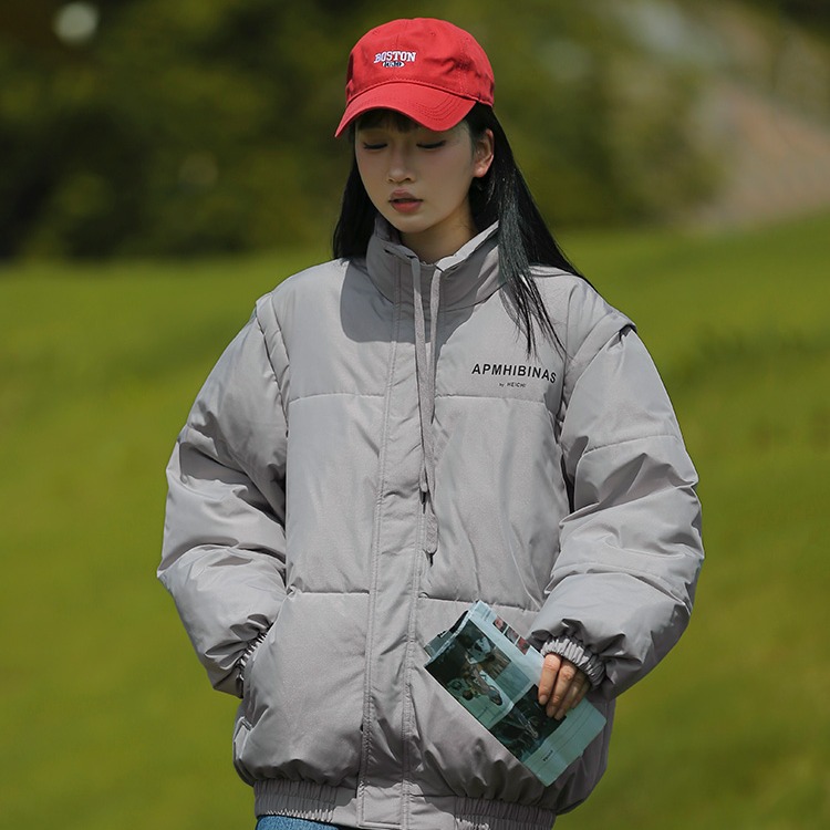 实拍学院风字母印花立领面包服棉衣外套女冬季ins加厚保暖棉服潮