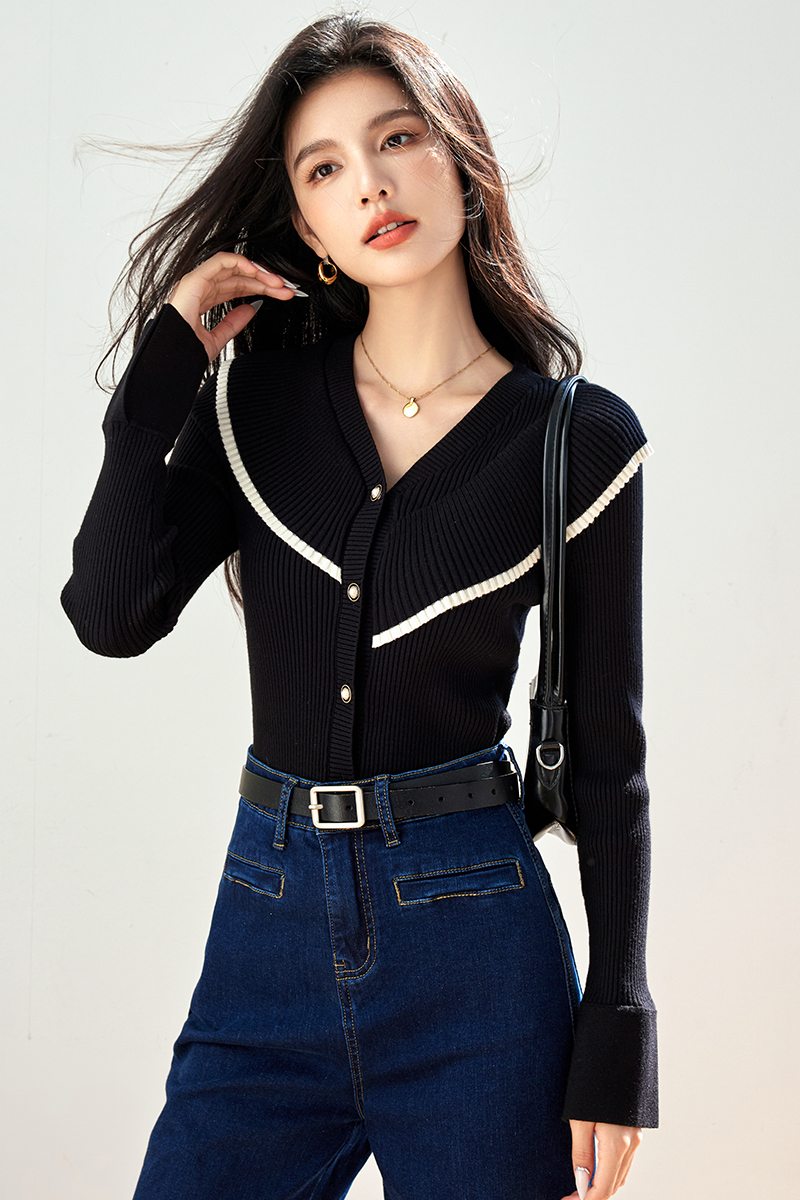 실사 연꽃 잎 레이스 V넥 몸매 가꾸기 니트 오픈 가디건 여성 새로운 우아함 디자인 센스 니트 스웨터