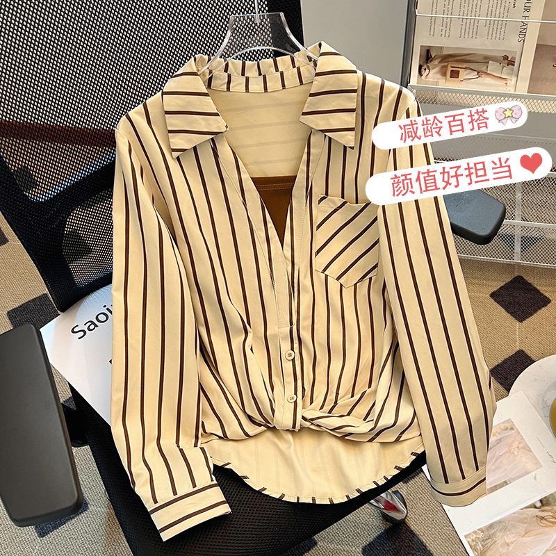 PF21766#新款时尚洋气假两件拼接条纹长袖衬衫设计感小众显瘦减龄上衣女裝貨源服裝批女裝貨源服裝批發