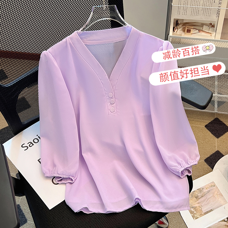 PF21767#新款v领衬衫女气质雪纺衫气质高级感中袖高端七分袖减龄上衣女裝貨源服裝批女裝貨源服裝批發