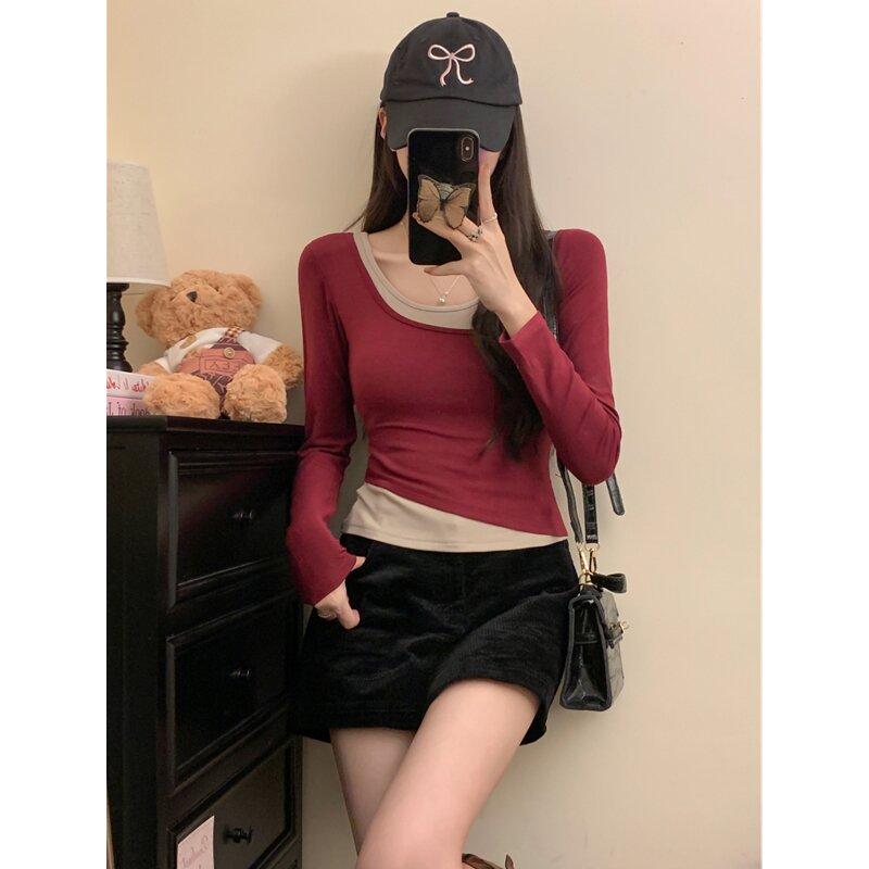 PF21789#40支纯棉92棉/8氨纶 长袖T恤女假二件打底衫女裝貨源服裝批女裝貨源服裝批發