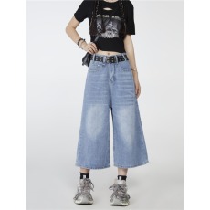 批发实拍夏季新款美式复古高腰宽松直筒阔腿裤女百搭拽酷<b class='q'>七分</b>牛仔裤子