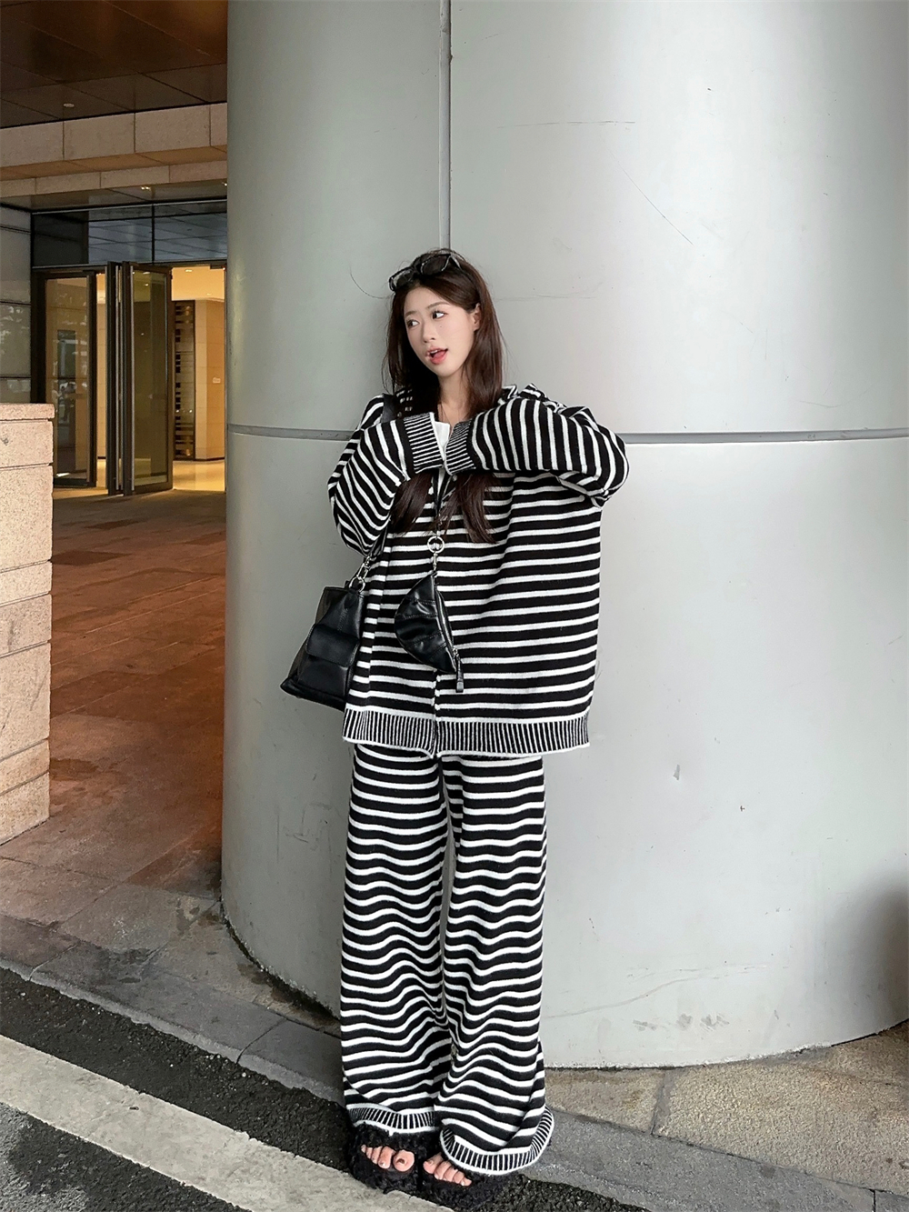Photographed~ Korean Striped Loose-Fitting Slimming Hooded Knit Sweatshirt + High-Waisted Slimming Drawstring Wide-Leg Pants