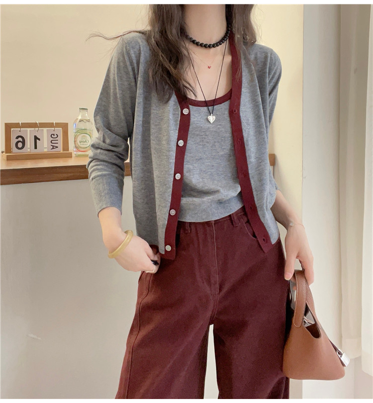 패치워크 색상 측면 얇은 양모 니트 오픈 가디건 스웨터 두 조각 여성 세트 유럽 역 2026 봄 새로운 유럽 상품 여성 의류 트렌디