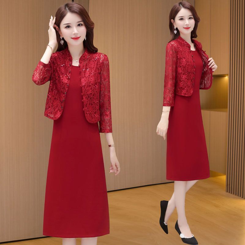 MY6575# 十月喜婆婆婚宴旗袍新款平时可穿妈妈婚礼服蕾丝两件套装女裝貨...