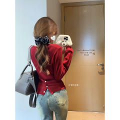 Real shot of autumn and winter Korean style loose and lazy waist button design 6 wool knitted bottoming long-sleeved top