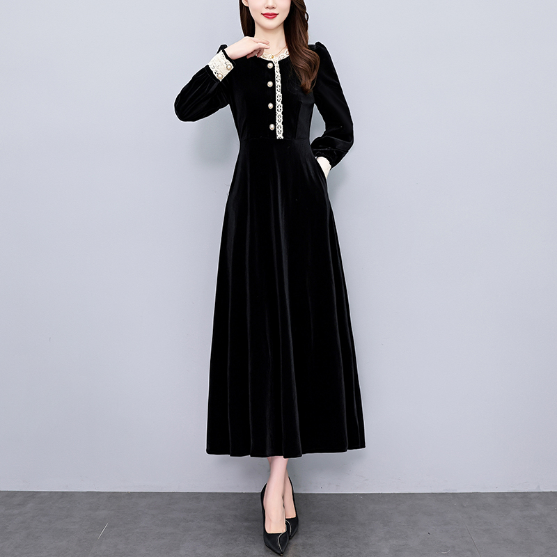 MY13382# 赫本风金丝绒连衣裙女长款新款大码收腰显瘦胖mm小黑裙子女...