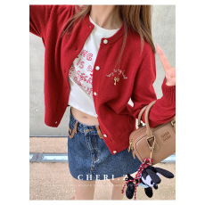 批发秋冬新款红色羊毛<b class='q'>针织</b>衫女<b class='q'>开衫</b>2024秋季短款显瘦外穿刺绣毛衣外套