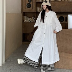 批发实拍实价~圆领单排扣宽松慵懒风长款过膝棉麻<b class='q'>衬衫</b>连衣裙+阔腿长<b class='q'>裤</b>