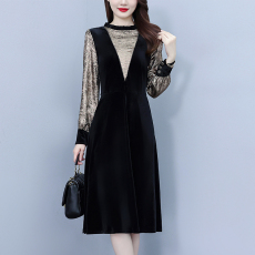 批发女装连衣裙2025<b class='q'>春</b>秋季新款气质显瘦时尚金丝绒裙子中年妈妈假两件