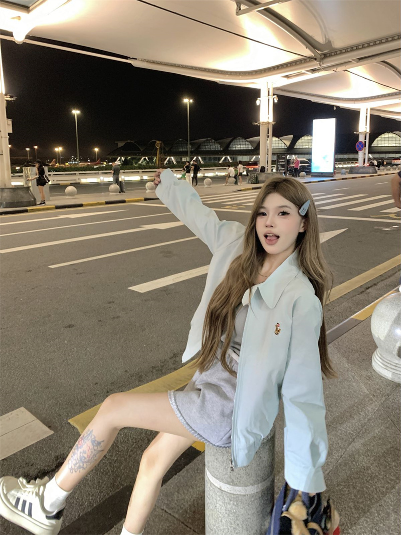 실사 빛 산소 부서 baby 블루 라미 면 자수 느슨함 센스 루즈핏 쇼트 스타일 자켓 재킷