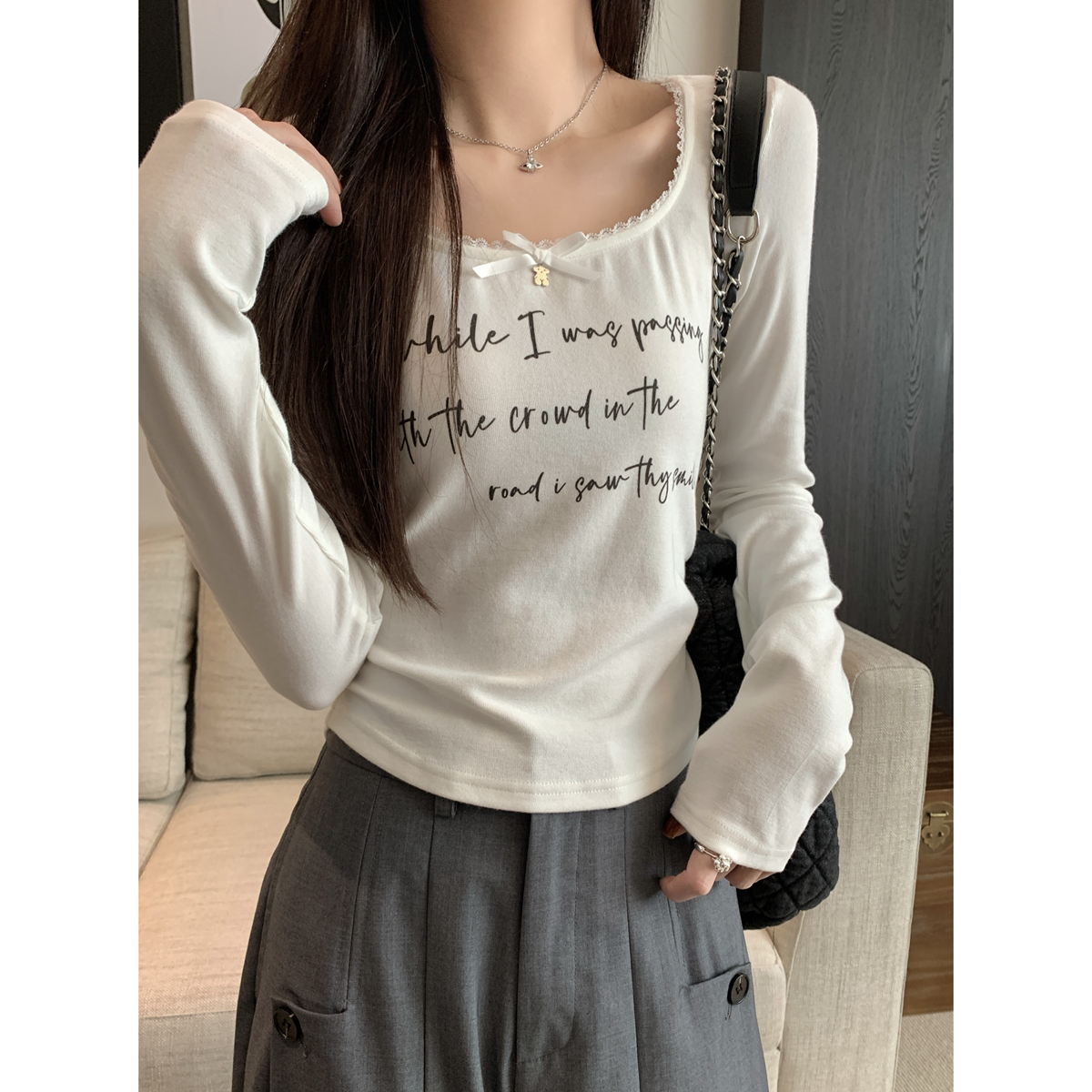 Real shot of autumn and winter Korean style square collar letter printed pleated design pure cotton long-sleeved T-shirt with inner top for women