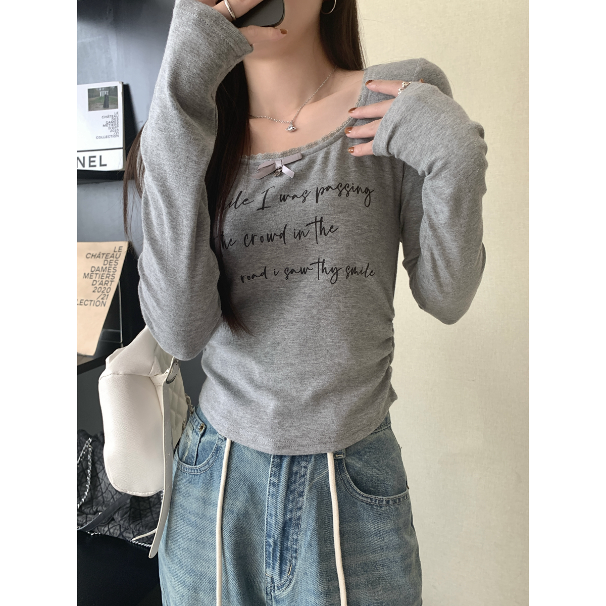 Real shot of autumn and winter Korean style square collar decorative letter print pleat design pure cotton long-sleeved T-shirt with inner top