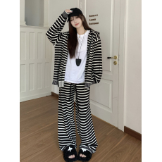 批发实拍 大码钢琴套装设计感休闲连帽条纹针织上衣+抽绳阔腿裤女