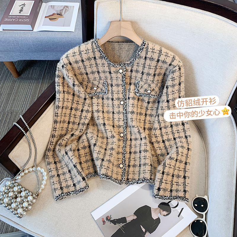 PF21985#小香风格子短款毛衣外套女秋冬季设计感气质水貂绒针织开衫女裝貨源服裝批發