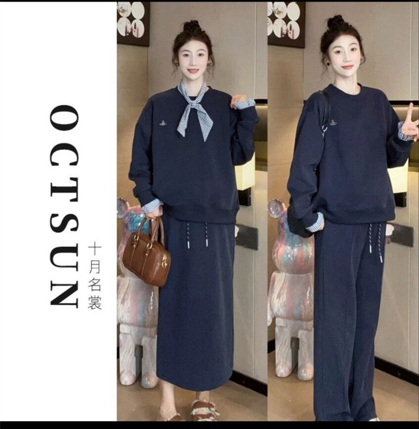 지금 지금 인터넷 유명인 신제품 2026 가을 겨울 임산부 긴팔 라운드 넥 맨위 바지 치마 캐주얼 슬림해 보이는 세트