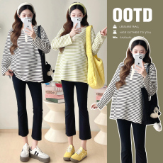 批发实拍2024早秋孕妇秋季新款长袖时尚V领条纹<b class='q'>休闲</b>宽松T恤