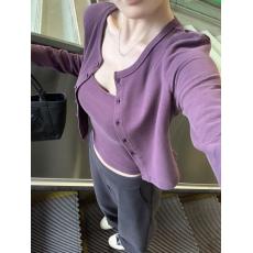 批发实价春款紫色羊绒针织开衫早秋短款修身显瘦气质吊带两件套