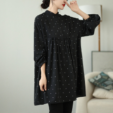 批发实拍秋装新款大码女装文艺波点宽松中长款百搭女<b class='q'>衬衫</b>