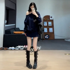 批发美式休闲运动套装女秋季新款辣妹斜领<b class='q'>长袖</b>卫衣包臀短裙子两件套装