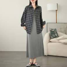 批发实拍2026早春大码女装韩版背心连衣裙+格子衬衣套装M-4XL200斤