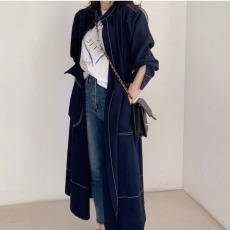 批发<b class='q'>韩国</b>chic极简主义 优雅立领明线单排扣宽松绑带风衣式<b class='q'>连衣裙</b>长裙