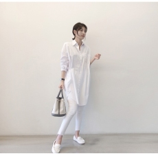 批发纯棉春夏<b class='q'>中长款</b>衬衫裙宽松休闲打底白衬衫女学生外套
