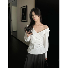 批发实价有货法式气质冷淡系高级感收腰露肩衬衫女春显瘦设计感长袖